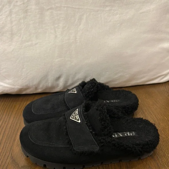 Prada Black Shearling Slippers